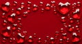 Heart-Shaped Ruby Gems Border on Red Background Royalty Free Stock Photo