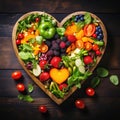 Heart shaped salad with fruits and vegetables, healthy human heart, nutritionist Royalty Free Stock Photo