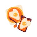 Heart shaped scrambled eggs on fried toast and in a plate. Romantic breakfast. Healthy sandwich. Cartoon fried egg