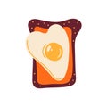 Heart shaped scrambled eggs on fried toast. Romantic breakfast. Healthy sandwich. Cartoon fried egg on a piece of