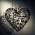 Heart-shaped sculpture made of intertwined barbed wire casting a Royalty Free Stock Photo