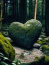 Heart-shaped Stone with moss, on top of a rock in the middle of a forest with trees. Stone of love. Generative AI