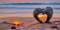 A heart-shaped stone rests on the sandy shore.