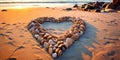 Heart-shaped stones on a sandy beach, illuminated by the warm colors of a sunset Royalty Free Stock Photo