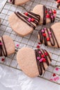 Heart shaped strawberry cut out cookies with dark chocolate Royalty Free Stock Photo