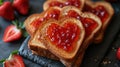 Heart-shaped strawberry jam on toast, with fresh berries on side ideal for sweet, romantic breakfast Valentine\'s treat Royalty Free Stock Photo