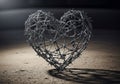 A heart-shaped structure made of intertwined barbed wire is placed on a textured, sandy surface. Royalty Free Stock Photo
