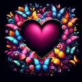 Heart shaped surrounded by colorful butterflies, isolated on black backgroound Royalty Free Stock Photo