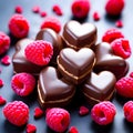 Heart shaped sweet chocolates praline with tangy raspberries closeup. Valentine concept background, romantic ambiance. Royalty Free Stock Photo