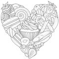 Heart shaped sweets.Coloring book antistress for children and adults