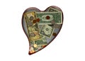 Heart shaped tin with money donations inside.