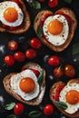 Heart-shaped toast with fried eggs, cherry tomatoes, and basil leaves on rustic table Royalty Free Stock Photo