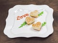 Heart shaped toasts sandwiches. Breakfast for Valentines Day Concept Royalty Free Stock Photo