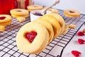 Heart shaped traditional linzer cookies with strawberry jam. Valentine s day concept. Royalty Free Stock Photo