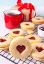 Heart shaped traditional linzer cookies with strawberry jam. Valentine s day concept. Royalty Free Stock Photo