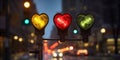 Heart-shaped Traffic Lights in Evening Cityscape. Generative ai