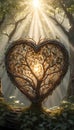 A heart shaped tree with branches, forming a lattice-like pattern, warm glow of sunlight streams through