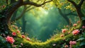 Heart-shaped tree frame enchanting spring blossoms and lush mossy grove. Generative AI Royalty Free Stock Photo