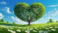 Heart Shaped Tree on a Green Meadow with Daisy Flowers - Generative Ai Royalty Free Stock Photo
