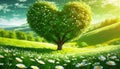 Heart Shaped Tree on a Green Meadow with Daisy Flowers - Generative Ai Royalty Free Stock Photo