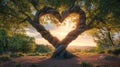 Heart-shaped tree at sunset, nature symbol of love and hope Royalty Free Stock Photo