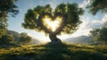 Heart-shaped tree at sunset, symbol of love and hope Royalty Free Stock Photo