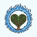 Heart-Shaped Tree Surrounded by Blue Flames on a White Background Royalty Free Stock Photo
