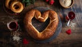 Heart-shaped Turkish bagel and Turkish tea in a glass cup prepared for Valentine\'s Day
