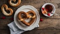 Heart-shaped Turkish bagel and Turkish tea in a glass cup prepared for Valentine\'s Day