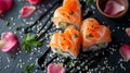 Heart shaped Valentine day sushi. Classic sushi rolls, Philadelphia, dating dinner, dark background