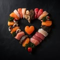 Heart shaped Valentine day sushi set. Classic sushi rolls, filadelfia, maki set for two, with two pairs of chopsticks Royalty Free Stock Photo