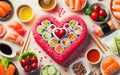 Heart shaped Valentine day sushi set. Classic sushi rolls, philadelphia, maki set for two, with two pairs of