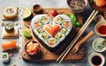 Heart shaped Valentine day sushi set. Classic sushi rolls, philadelphia, maki set for two, with two pairs of