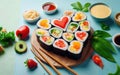 Heart shaped Valentine day sushi set. Classic sushi rolls, philadelphia, maki set for two, with two pairs of