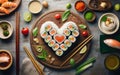 Heart shaped Valentine day sushi set. Classic sushi rolls, philadelphia, maki set for two, with two pairs of