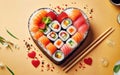 Heart shaped Valentine day sushi set. Classic sushi rolls, philadelphia, maki set for two, with two pairs of