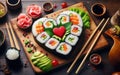 Heart shaped Valentine day sushi set. Classic sushi rolls, philadelphia, maki set for two, with two pairs of