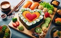 Heart shaped Valentine day sushi set. Classic sushi rolls, philadelphia, maki set for two, with two pairs of