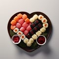 Heart shaped Valentine day sushi set. Classic sushi rolls, philadelphia, maki set for two for Valentine's dating