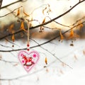 Heart shaped Valentines or Christmas decoration toy hanging on the tree branch with snow on the background Royalty Free Stock Photo
