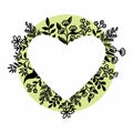 Heart shaped vector floral frame , wreath with leaves and flovers in doodle style. Romantic frame template Royalty Free Stock Photo