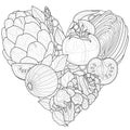 Heart shaped vegetables. Artichoke, tomato, broccoli and onion.Coloring book antistress for children and adults