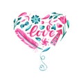 Heart shaped watercolor composition in pink and turquoise colors with flowers, feather, leaves and lettering Love