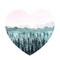 Heart shaped watercolor forest in green and pink tones.Hand drawn illustration of coniferous wood isolated on white background. Royalty Free Stock Photo