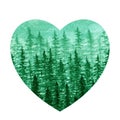 Heart shaped watercolor forest in green tones. Hand drawn illustration of coniferous wood isolated on white background. Royalty Free Stock Photo