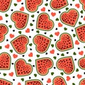 Heart-shaped watermelon slice vector seamless pattern. Stylized juicy fruit seamless texture. Valentine Day Royalty Free Stock Photo