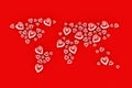 Red hearts form a world map