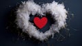 A heart shaped wreath made of feathers and a red paper, AI
