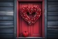 A heart-shaped wreath for valentines day decorations on a shutters of closed window