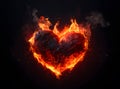 Heart shapes are burning there is a fire or flames burning so hot that reddish-yellow light and smoke . Generative Ai.
